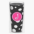 Black & White Polka Dot 16 oz Insulated Beverage Tumbler w/Monogram - Hot Pink & White Emblem (Curlz Font) - Letter J