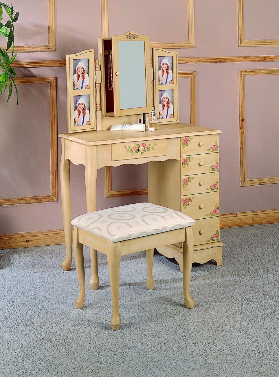 Coaster Queen Anne Style Vanity Table and Stool/Bench Set, Hand Painted