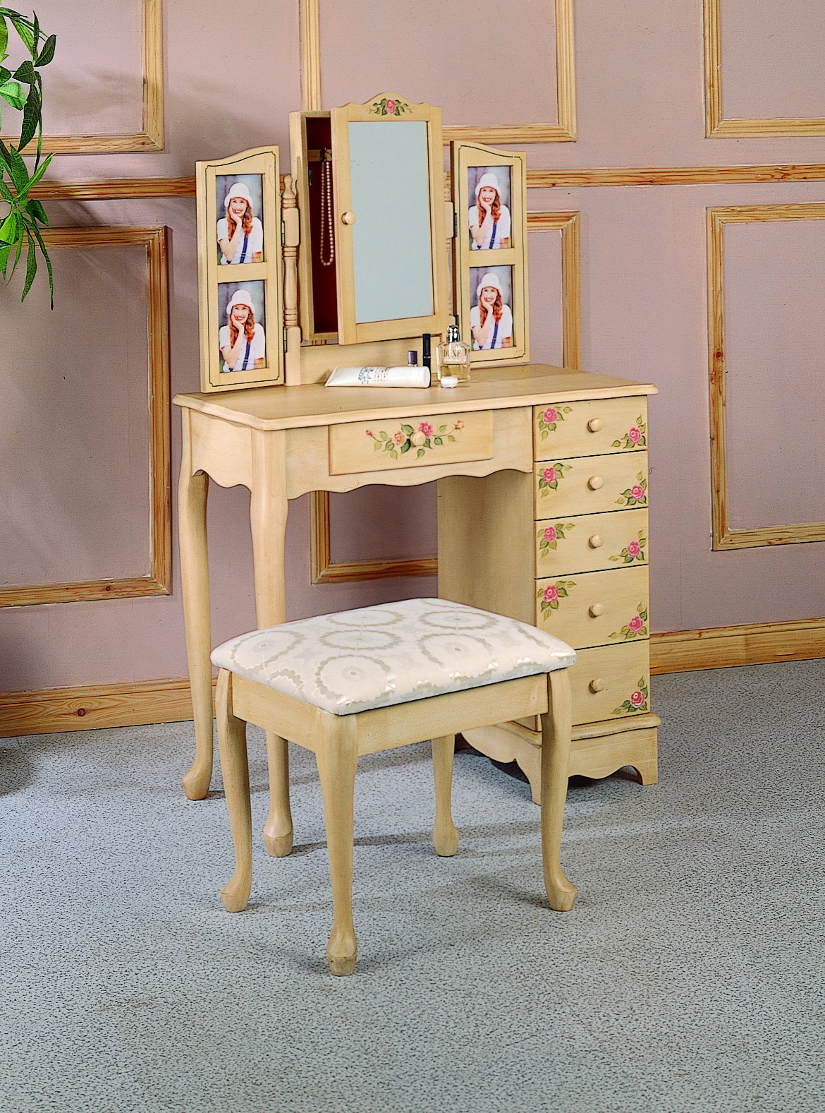 Coaster Queen Anne Style Vanity Table and Stool/Bench Set, Hand Painted