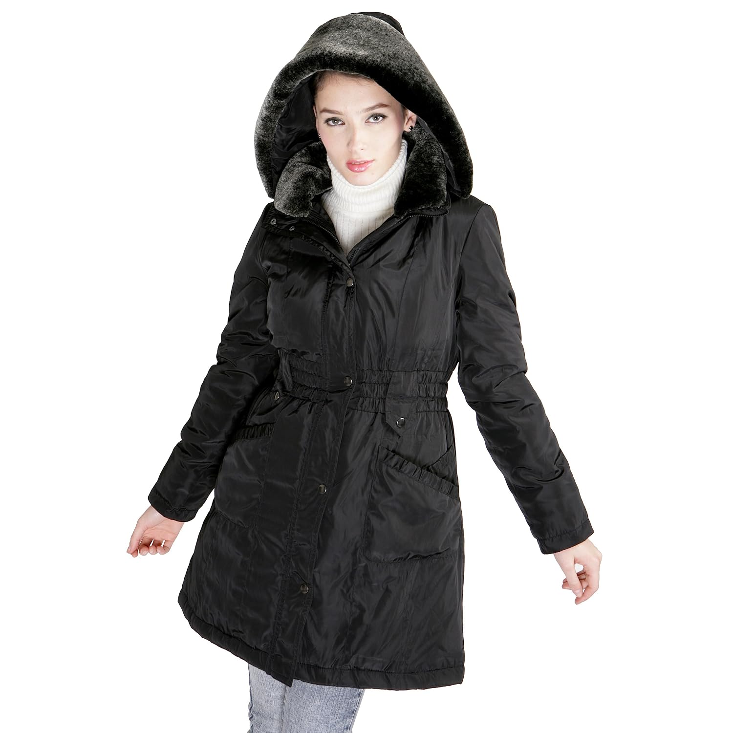 BGSD Women’s Thinsualte Filled Parka Coat with Removable Hood – Black M