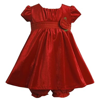 Baby Girls Red Stretch Velvet Pleated Rosette Trim Waist with Matching Bloomer