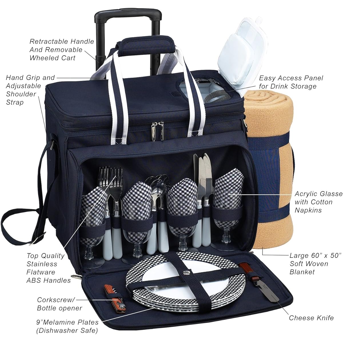 Picnic at Ascot Equipped Picnic Cooler On Wheels With Blanket, Navy