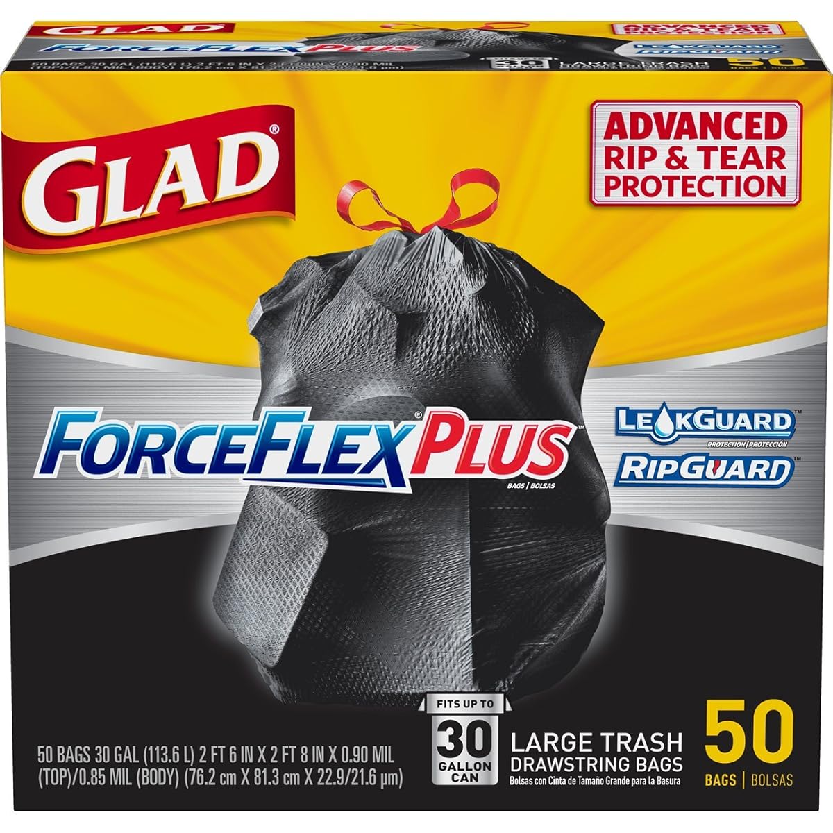 Glad Dual Defense Large Drawstring Trash Bags 30 Gallon 50 Count