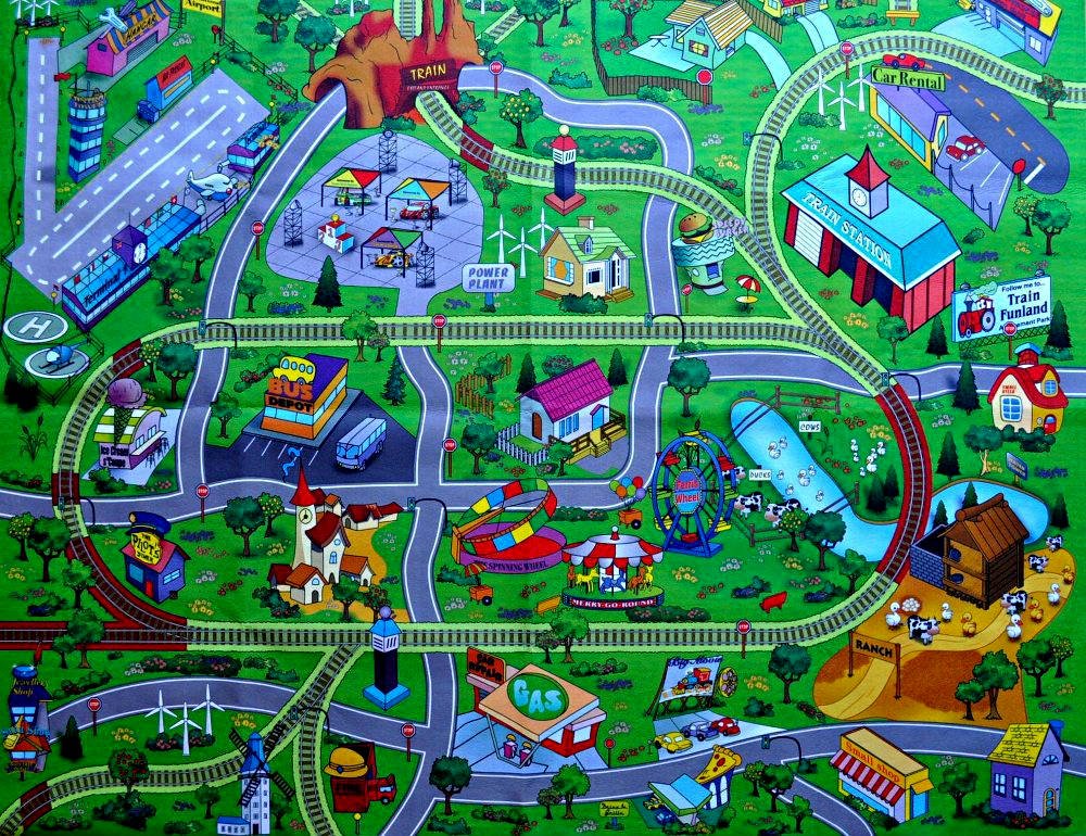 Large Town Airport Train Track Street Road Play Mat. Car Farm Kid Big