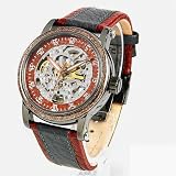 Auguste Galan Mens Gun Metal Plated Mechanical Skeleton Watch with Leather Strap. Model: AG-4618