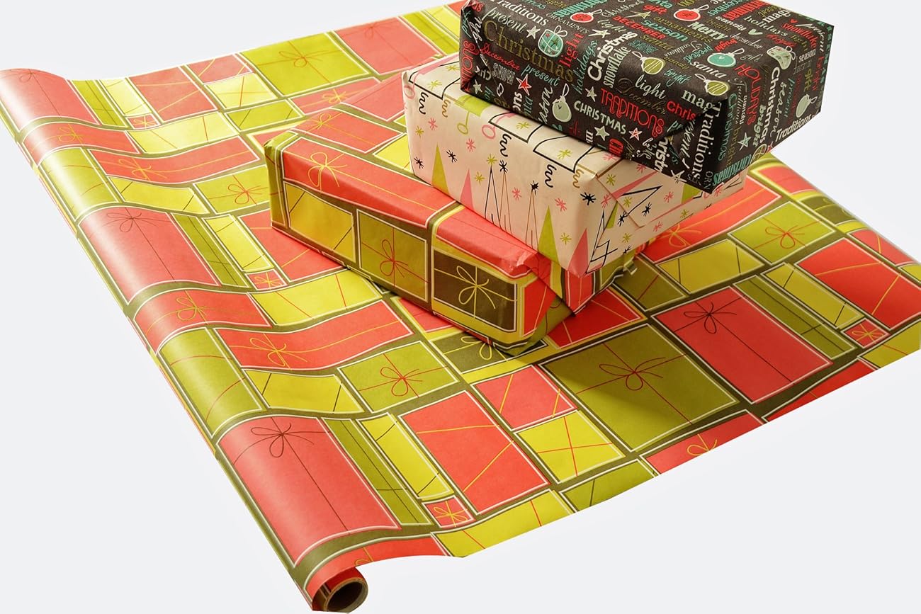 Retro Mid Century Modern Christmas Wrapping Paper on White Kraft
