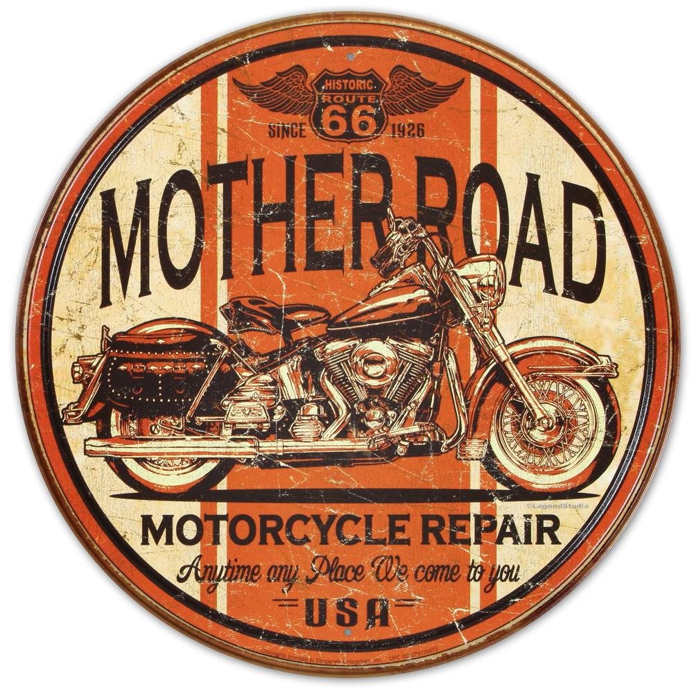 Mother Road Motorcycle Repair Round Distressed Retro Vintage Tin Sign