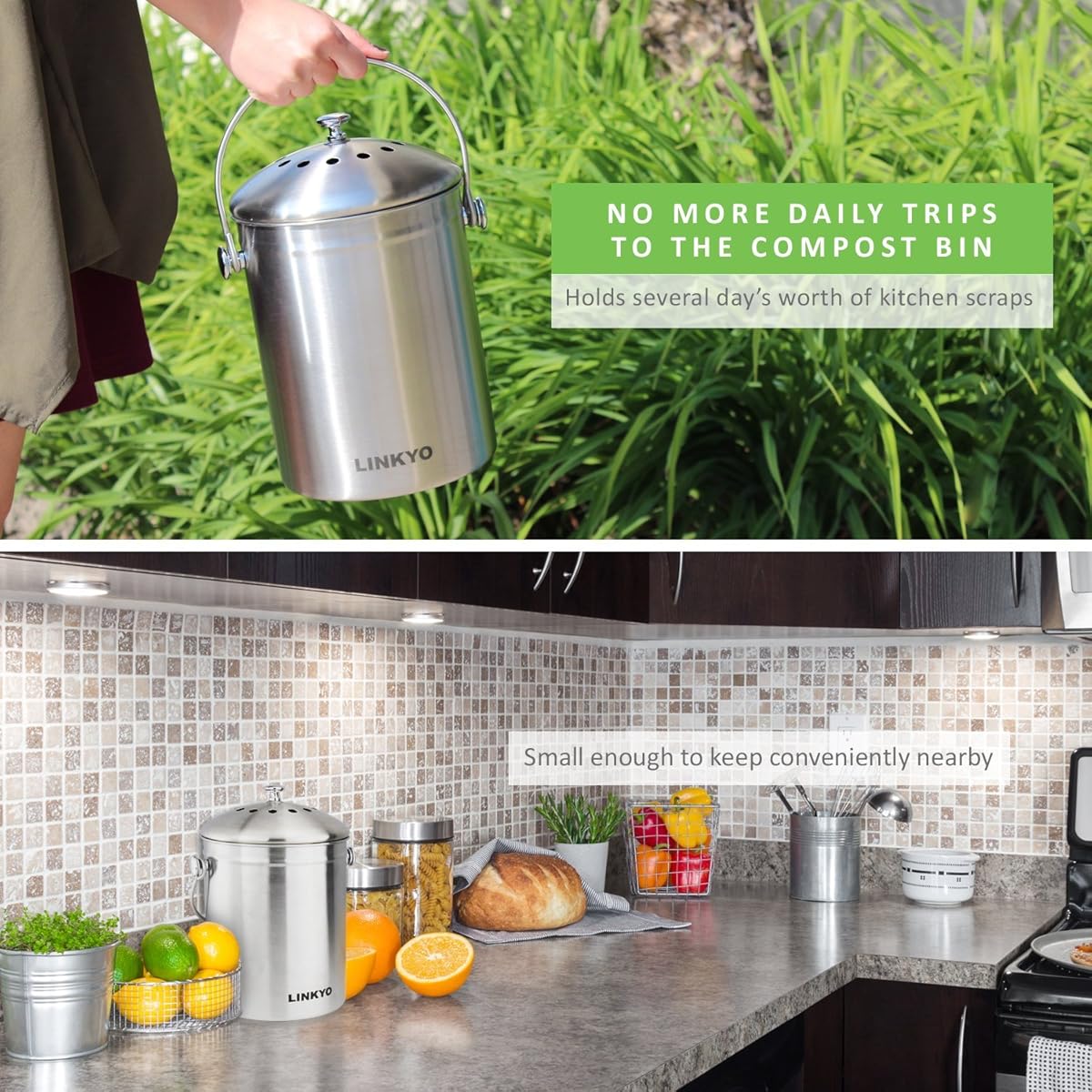 LINKYO Compost Bin 4 Filters Stainless Steel Kitchen Composter (1 Gallon)