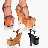 BEAU-607W, 6 1/2 Ankle Strap Faux Wood Platform Wedge Sandal in Black or Tan Leather by Pleaser