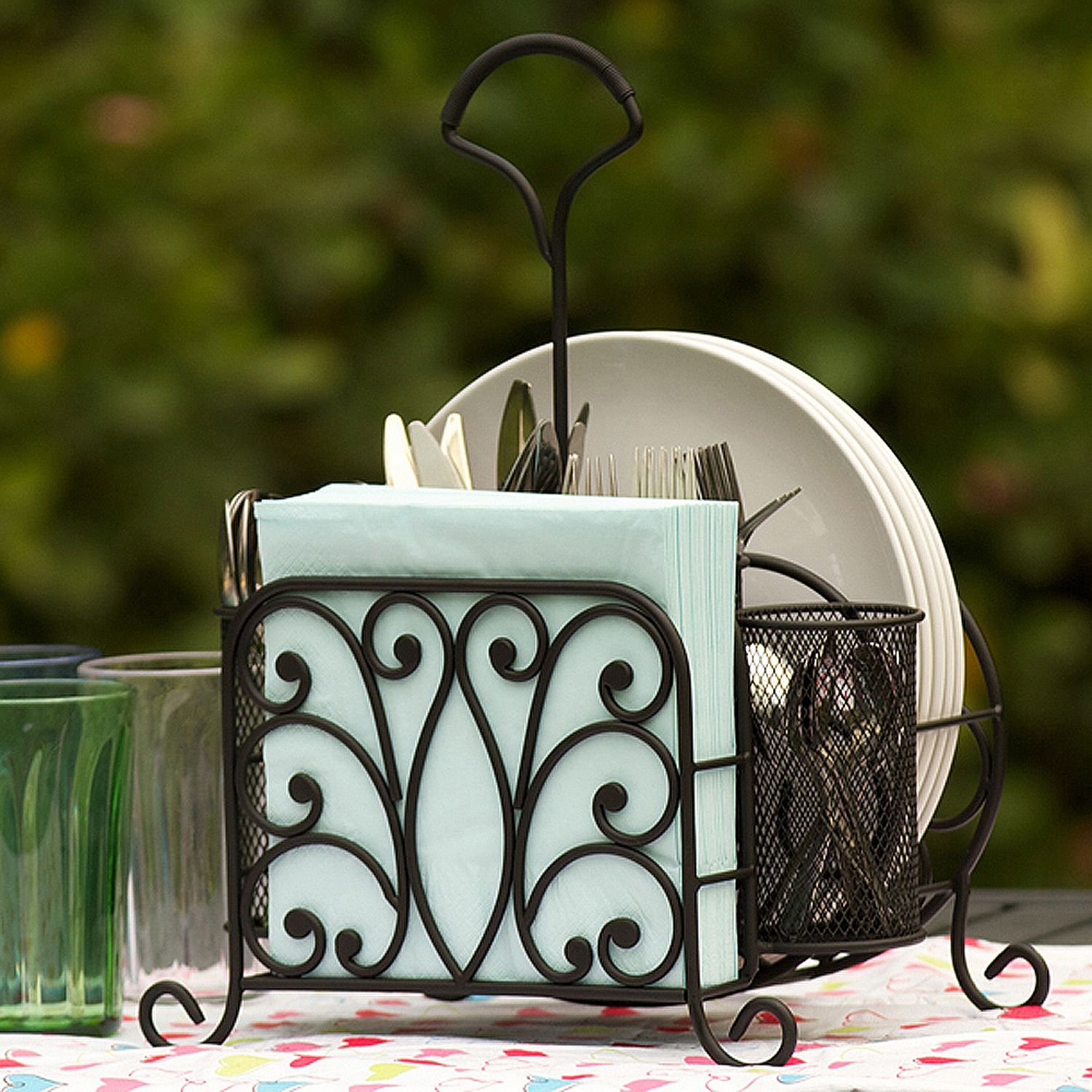 Picnic Serving Caddy Rack Plate Napkin Iron Server Black Holder Table