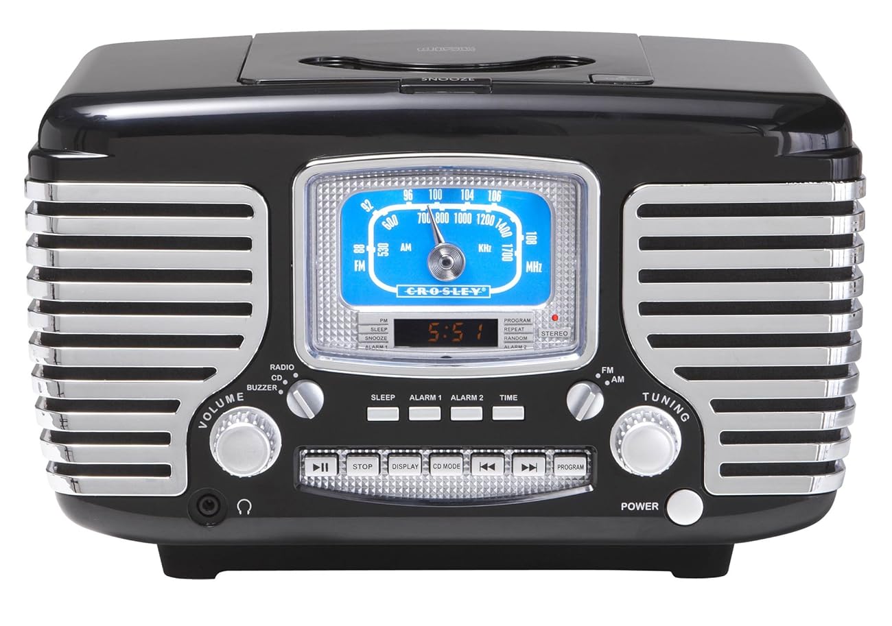 Crosley CR612BK Corsair Retro AM/FM Dual Alarm Clock Radio with CD