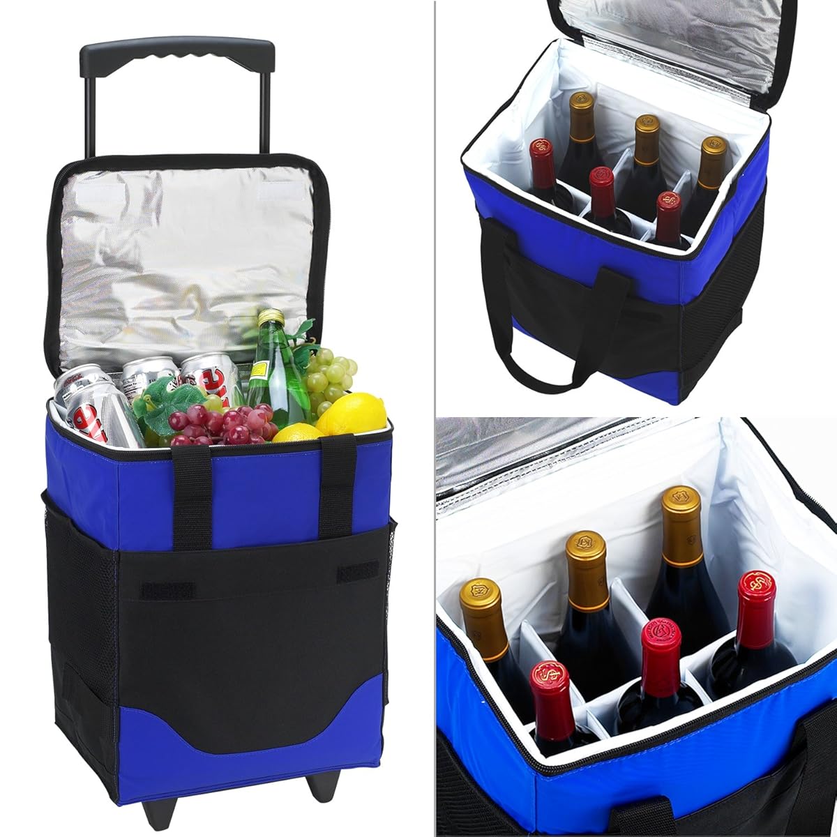 Picnic at Ascot Insulated 6 Bottle Wine Carrier On Wheels, Royal Blue