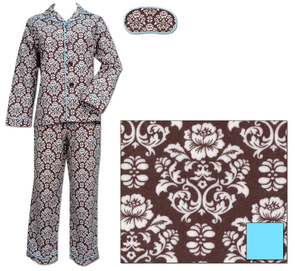 The Cat's Pajamas Chocolate Regency Damask Women's Cotton Flannel Pajama with Blue Piping 