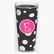 Black & White Polka Dot 16 oz Insulated Beverage Tumbler w/Monogram - Hot Pink & White Emblem (Curlz Font) - Letter E