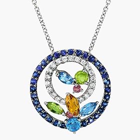 14K White Gold Genuine Blue Topaz, Citrine, Peridot, Pink and Blue Sapphire Pendant With Diamonds