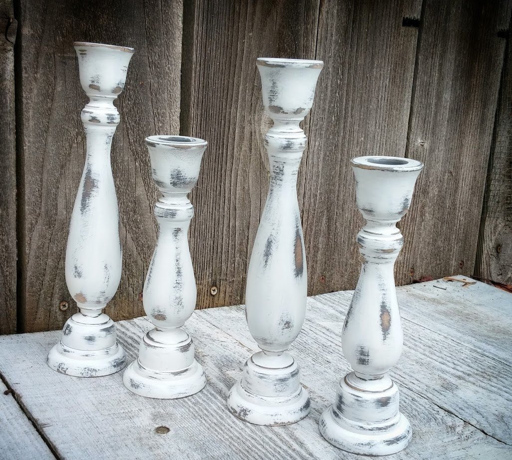 Set of 4 SHABBY CHIC True White Chippy Candle Holders Rustic