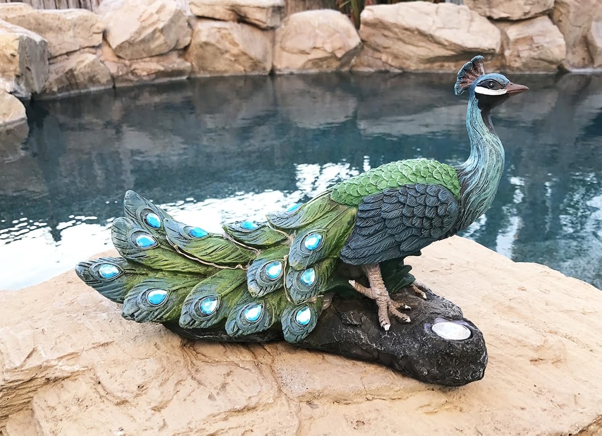 Regal Peacock Perch On Rock Solar Powered Light Decorative Indoor