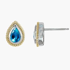 14K Two Tone Gold Genuine Blue Topaz Earrings