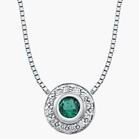 14K White Gold Genuine Emerald and Diamond Pendant