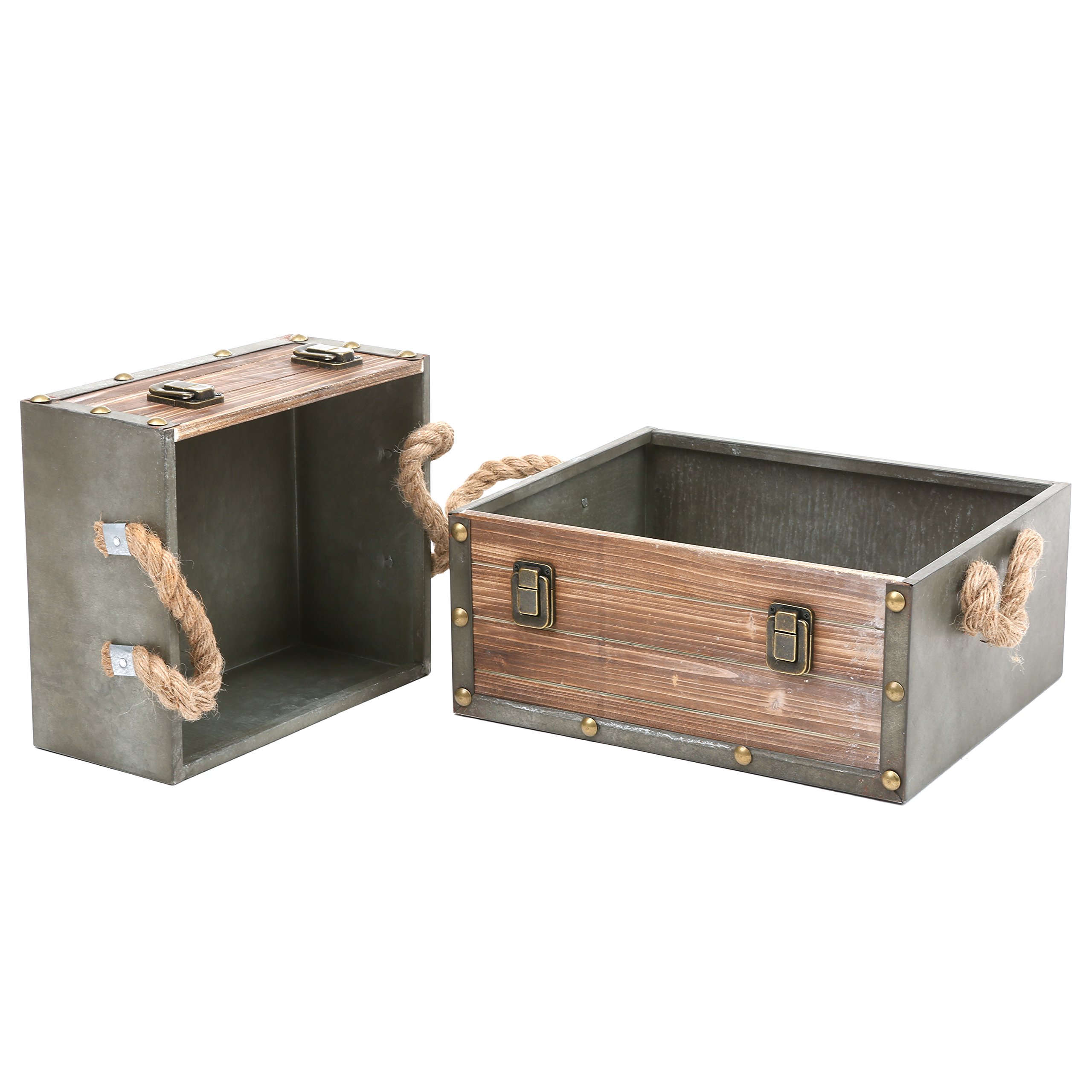MyGift Set of 2 Wood Crates w/ Rope Handles, Rustic Nesting Storage