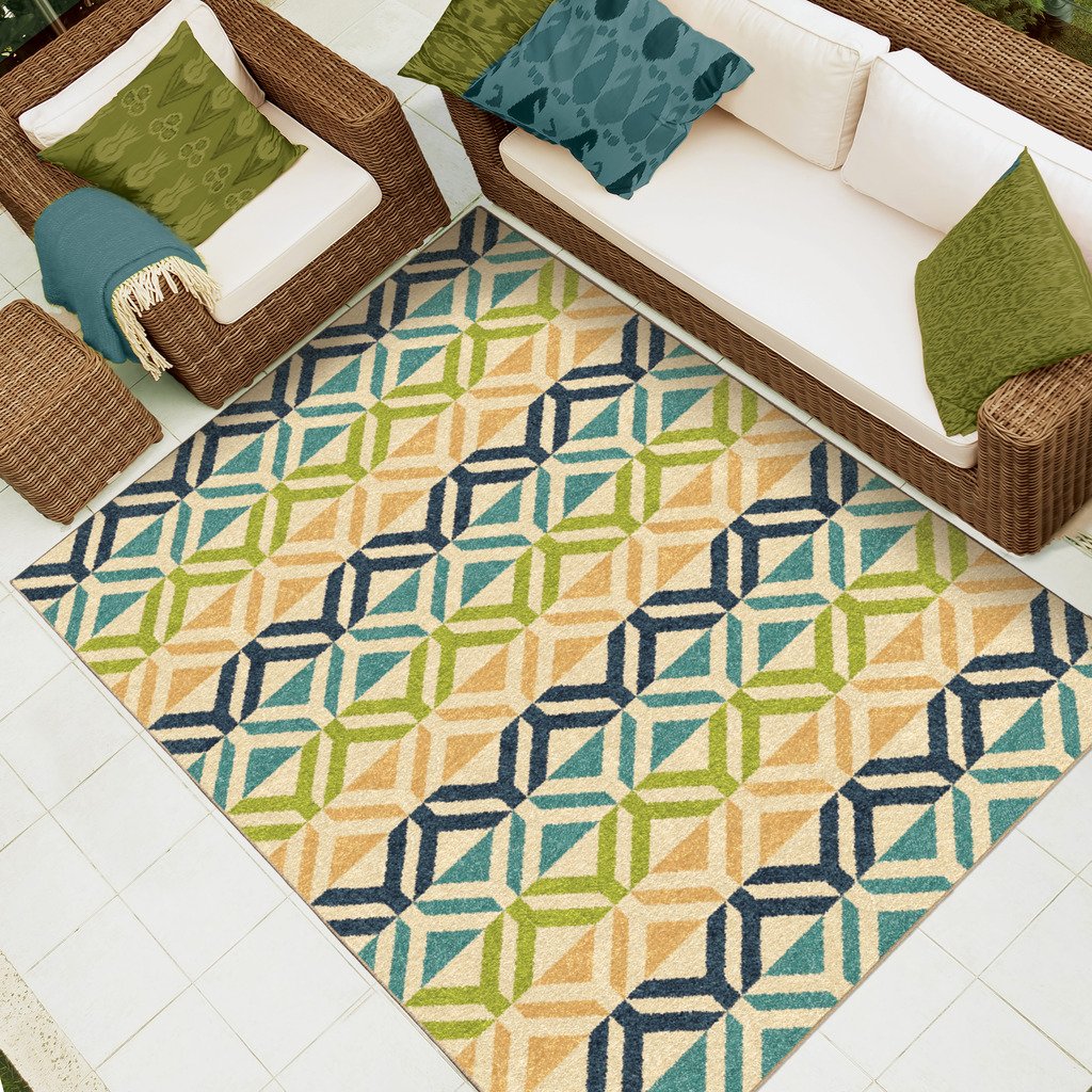 Indoor Outdoor Are Rug Carpet Tropical Palette Teal Lime Green Blue 5'1