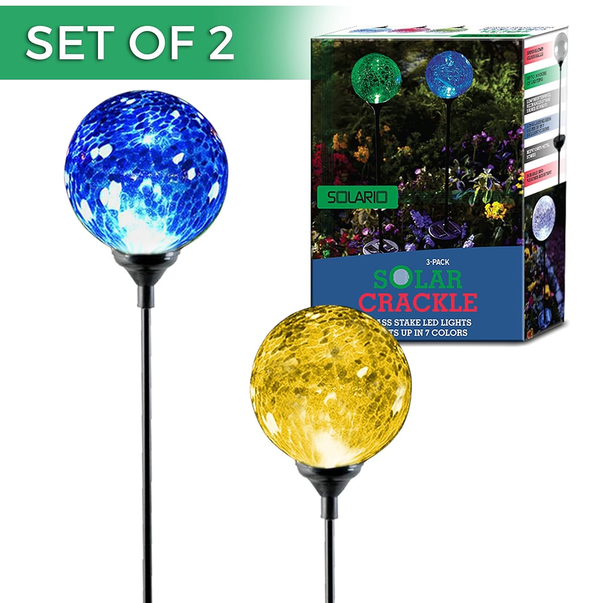 Solar Powered Crackle Glass Ball Color Changing Stake Lights Set Of 2