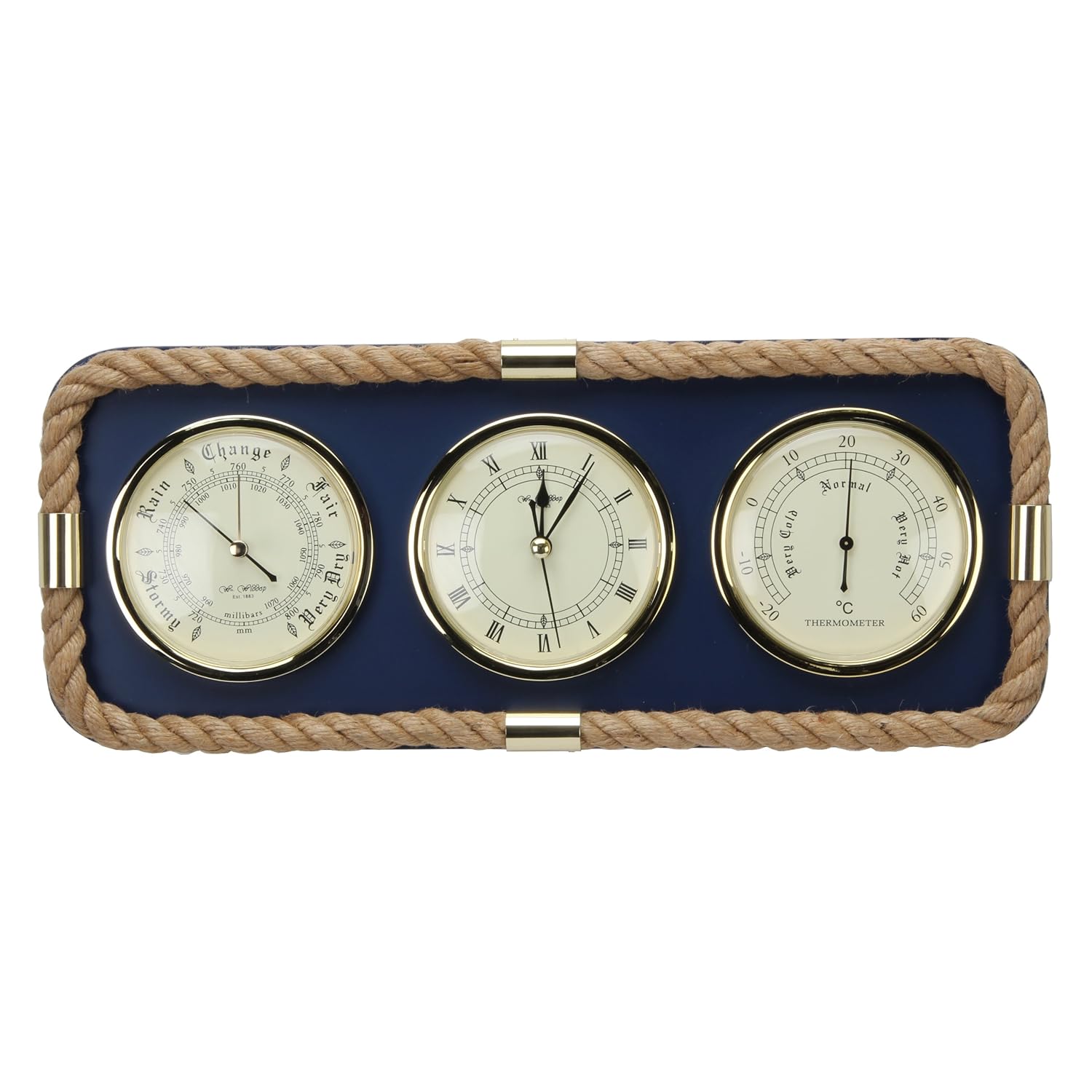 Classic Nautical Combo Clock Barometer Thermometer Set mounted Sea Blue