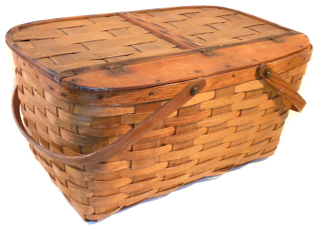 Great Old Vintage Primitive Oak Woven Oak Splint Picnic Basket