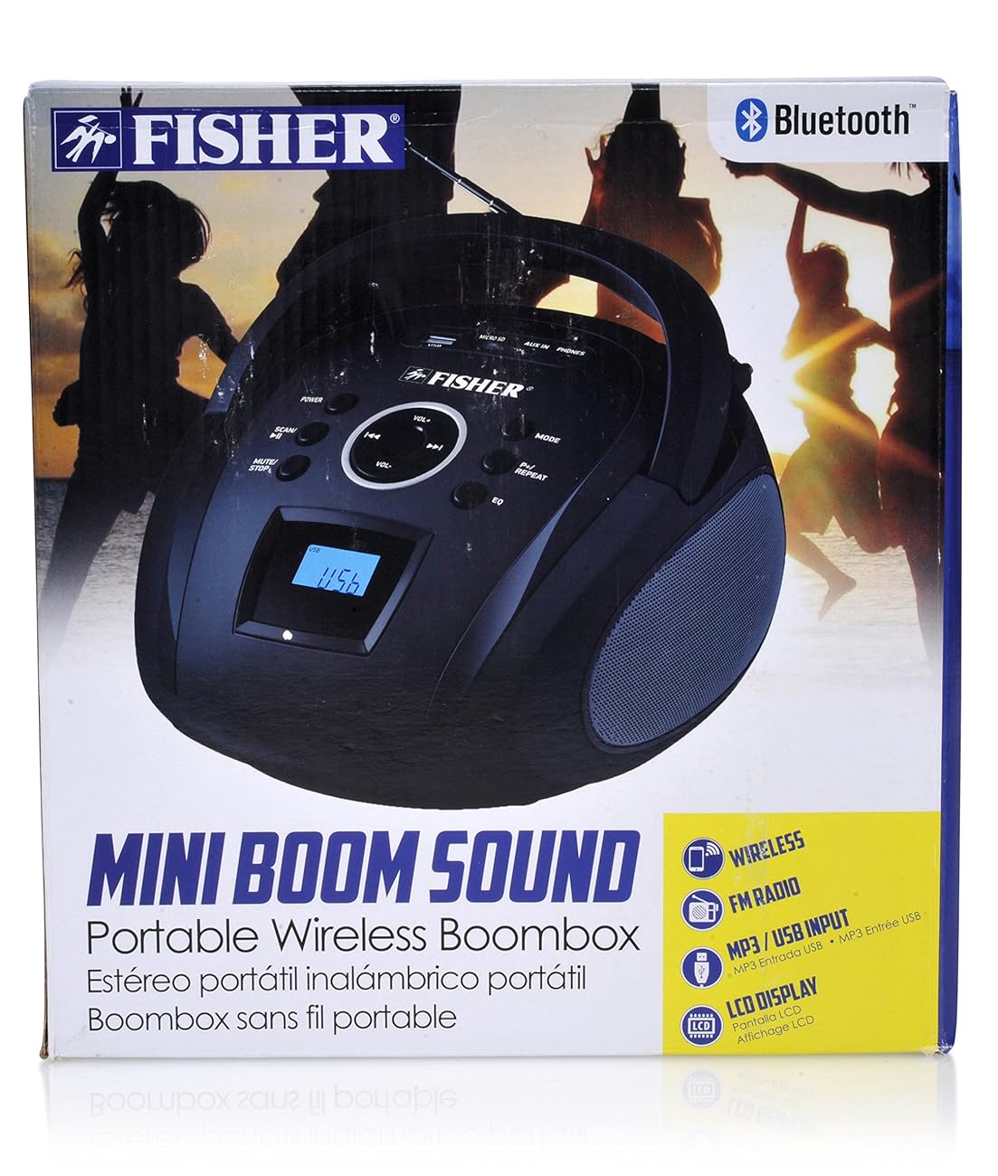Fisher Mini Wireless Portable Boombox, With LCD Display, FM Radio