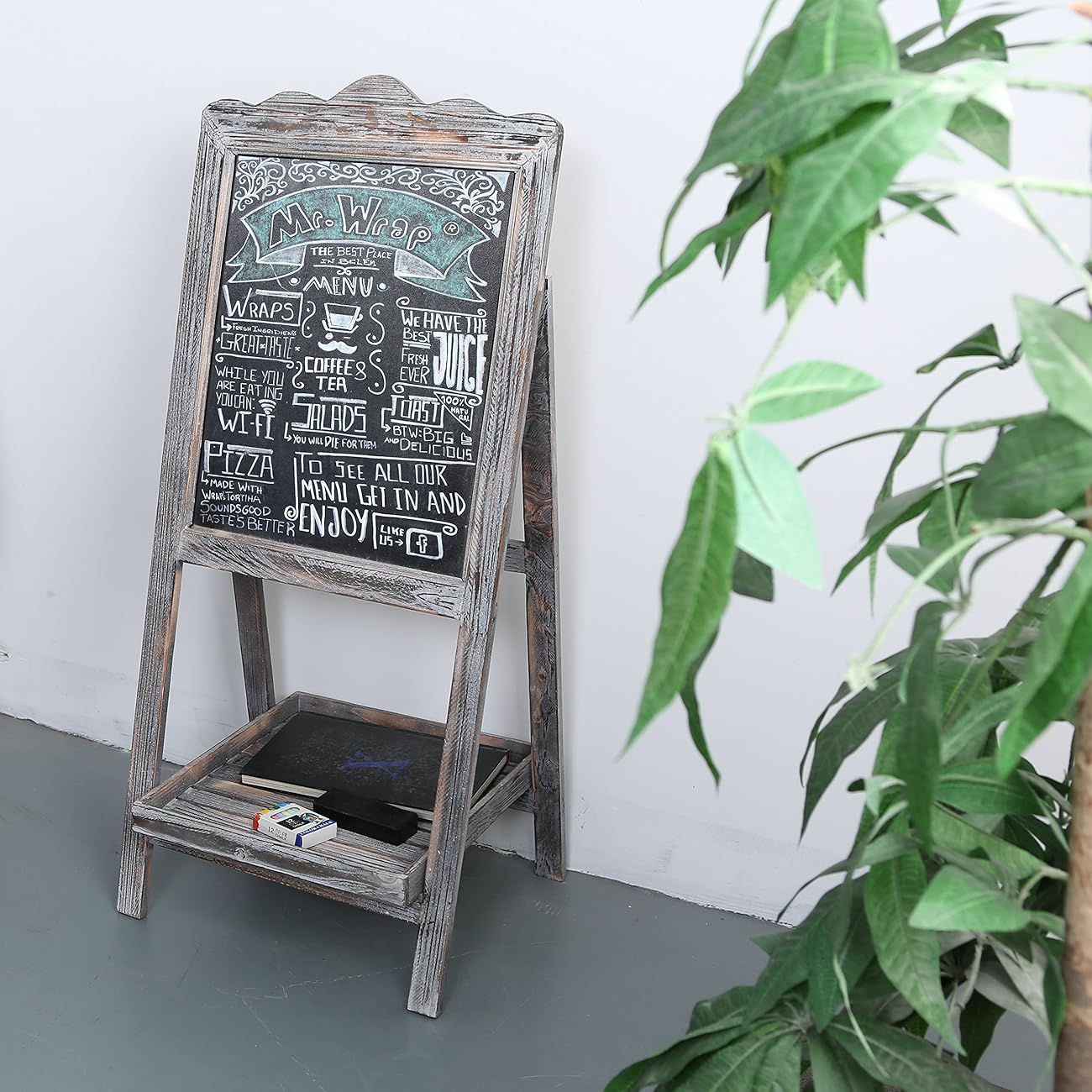 MyGift Torched Wood Chalkboard Easel, Freestanding Vintage Sign