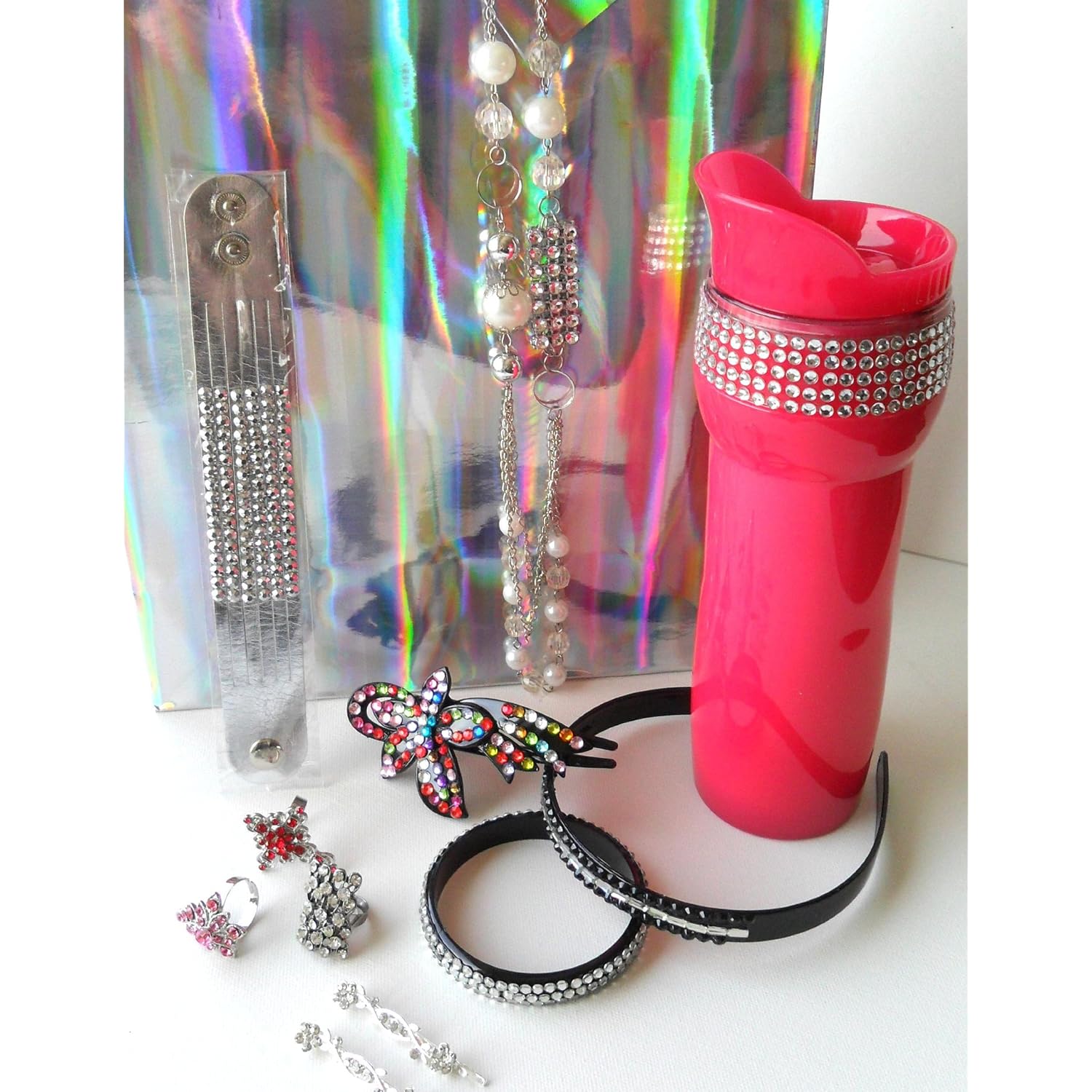 Rhinestone Bling Bling Gift Set 11 Pieces with Hot Pink Travel Coffee Tea Mug,Bracelet, Necklace & Earrings,Bling Rings
