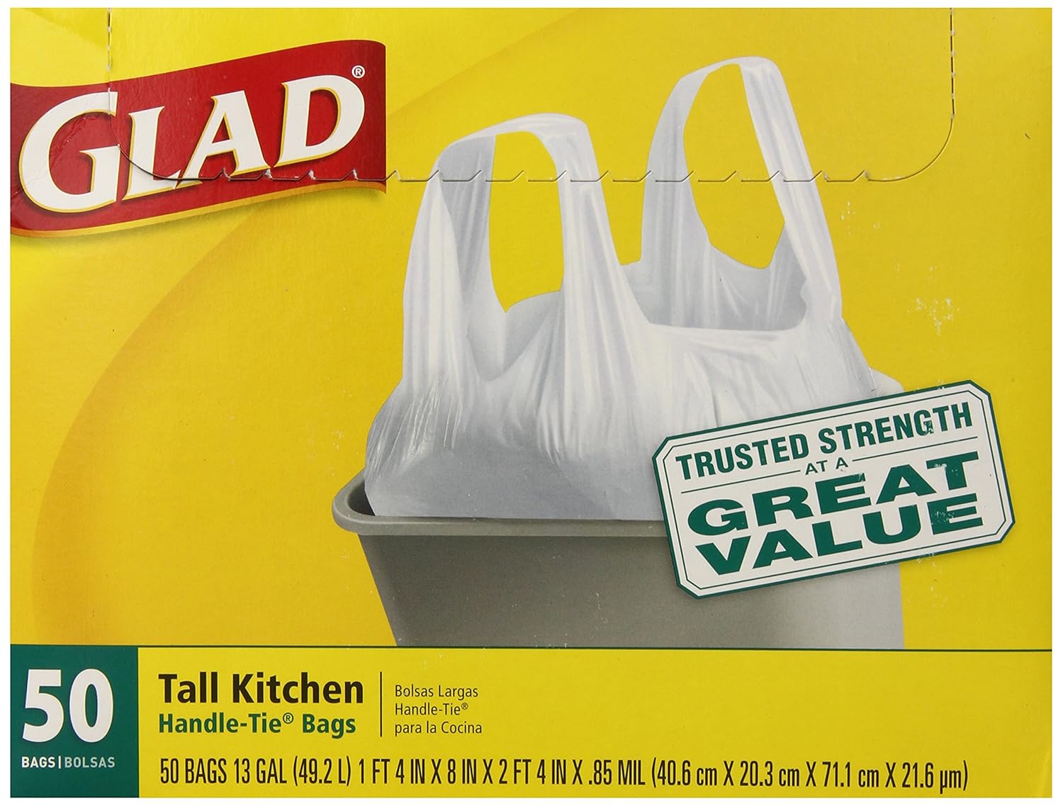 Glad Tall Kitchen HandleTie Trash Bags, White, 13 Gallon, 50 Count