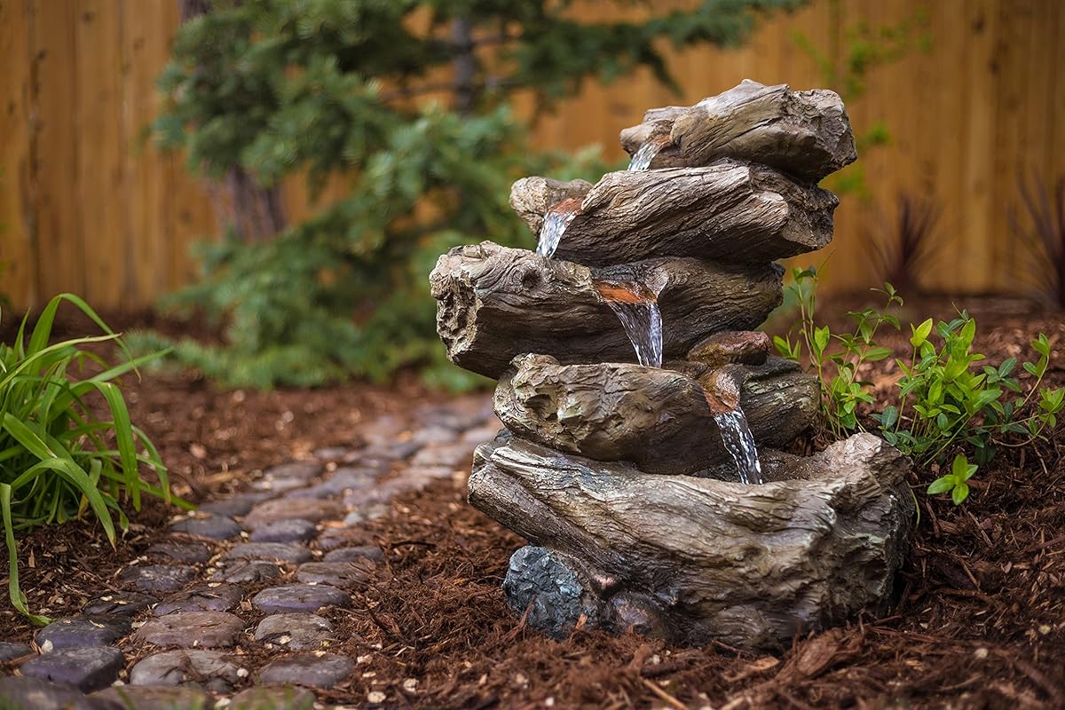 Meadow Log Fountain - Cascading Waterfall Garden Fountain with LED