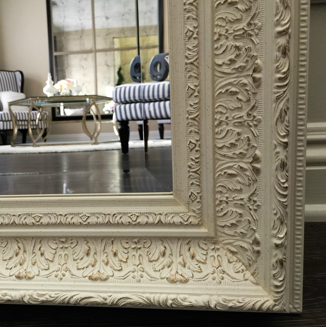 West Frames Elegance Ornate Embossed Antique White Wood Framed Floor Mirror