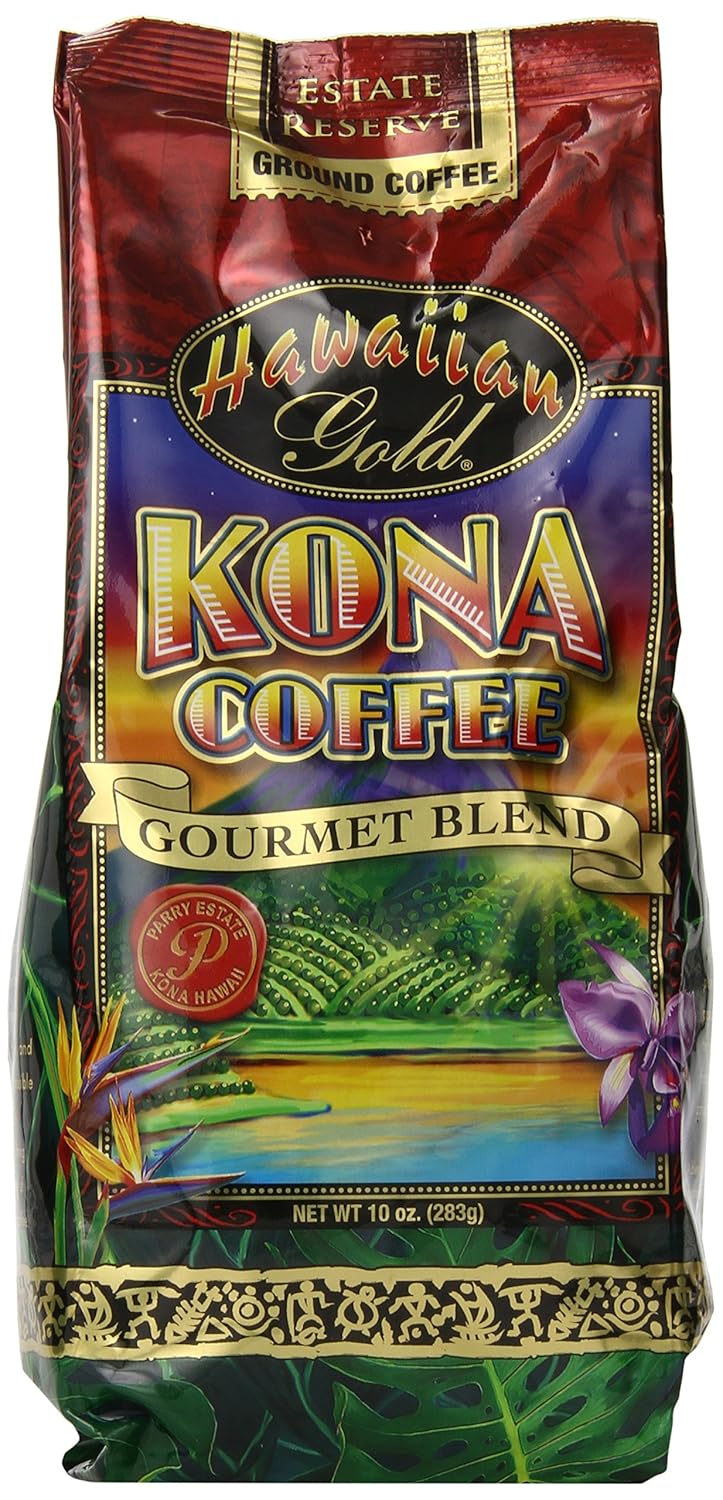 Kona Hawaiian Gold Kona Coffee, Gourmet Blend Ground Coffee, 10 Ounce
