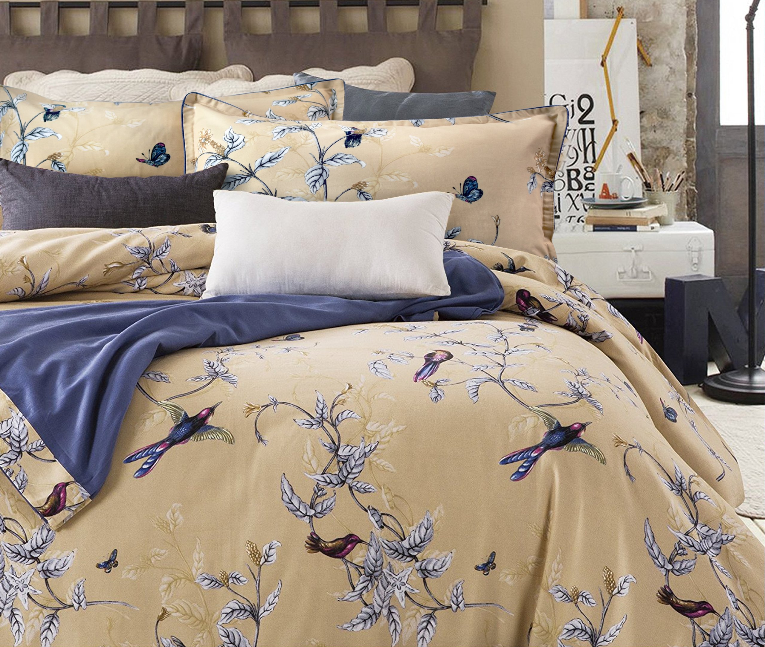 Luxury Jacobean Floral Garden 3 Piece Duvet Cover Set Beige Blue