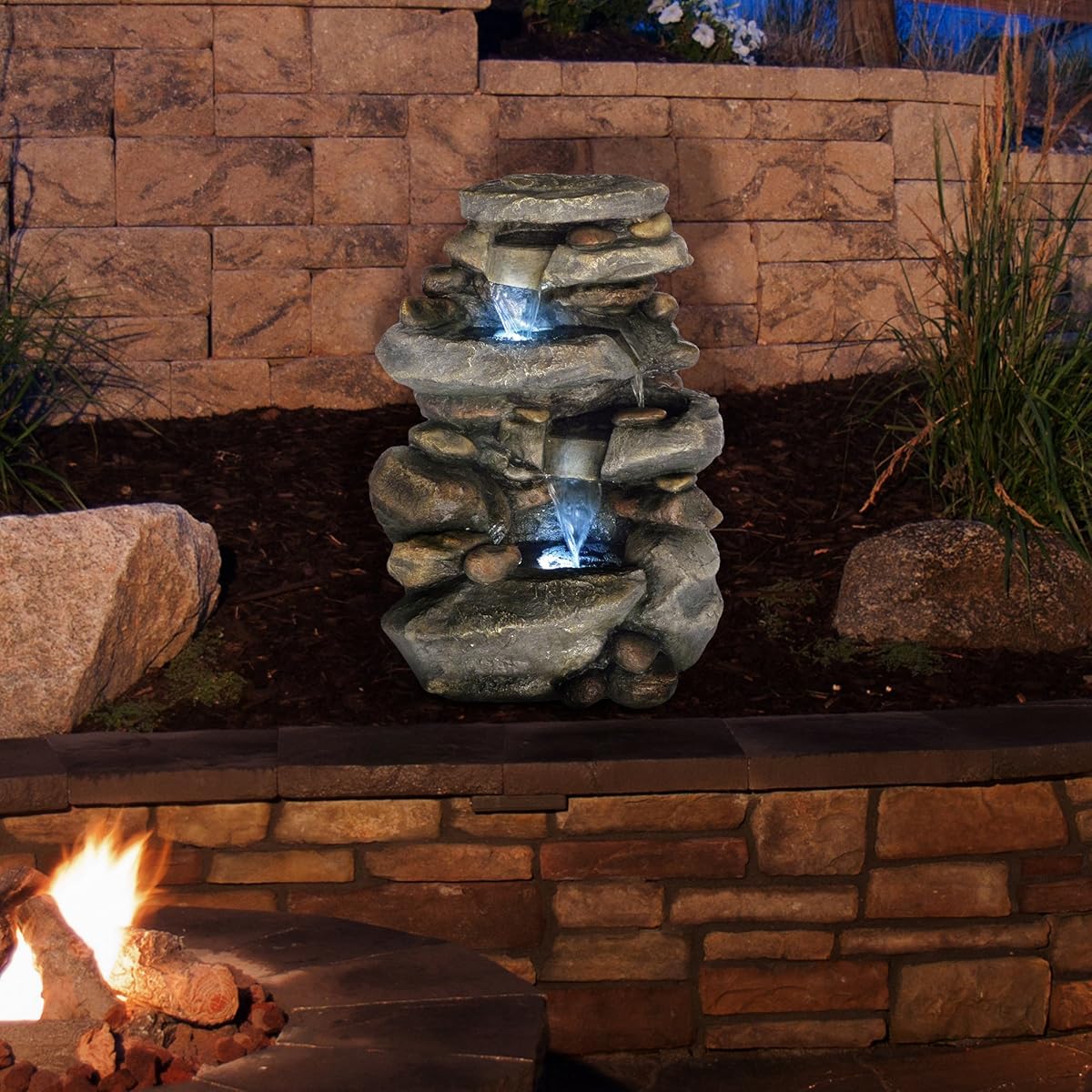 Outdoor Water Fountain With LED Lights, Lighted Cascade Waterfall