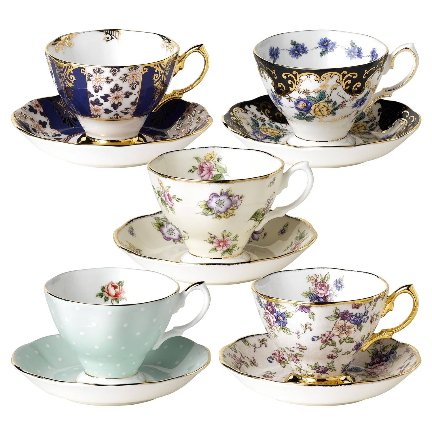 Royal Albert Teacups and Saucers, Set of 5, 1900-1940