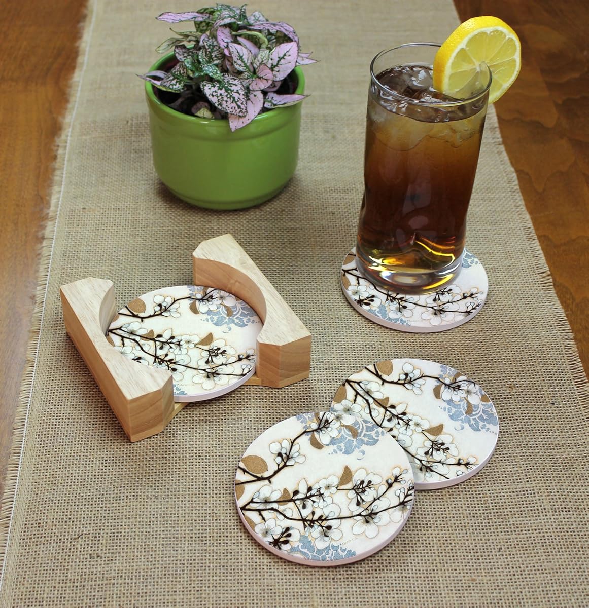 CounterArt Dogwood Branch Design Absorbent Coasters in Wooden Holder, Set of 4