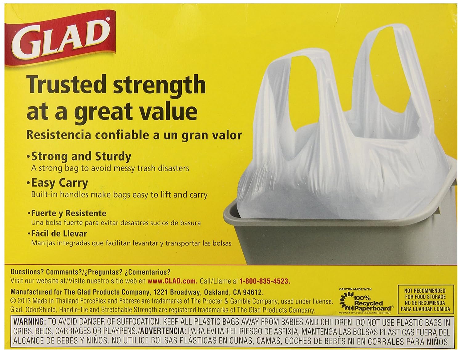Glad Tall Kitchen HandleTie Trash Bags, White, 13 Gallon, 50 Count