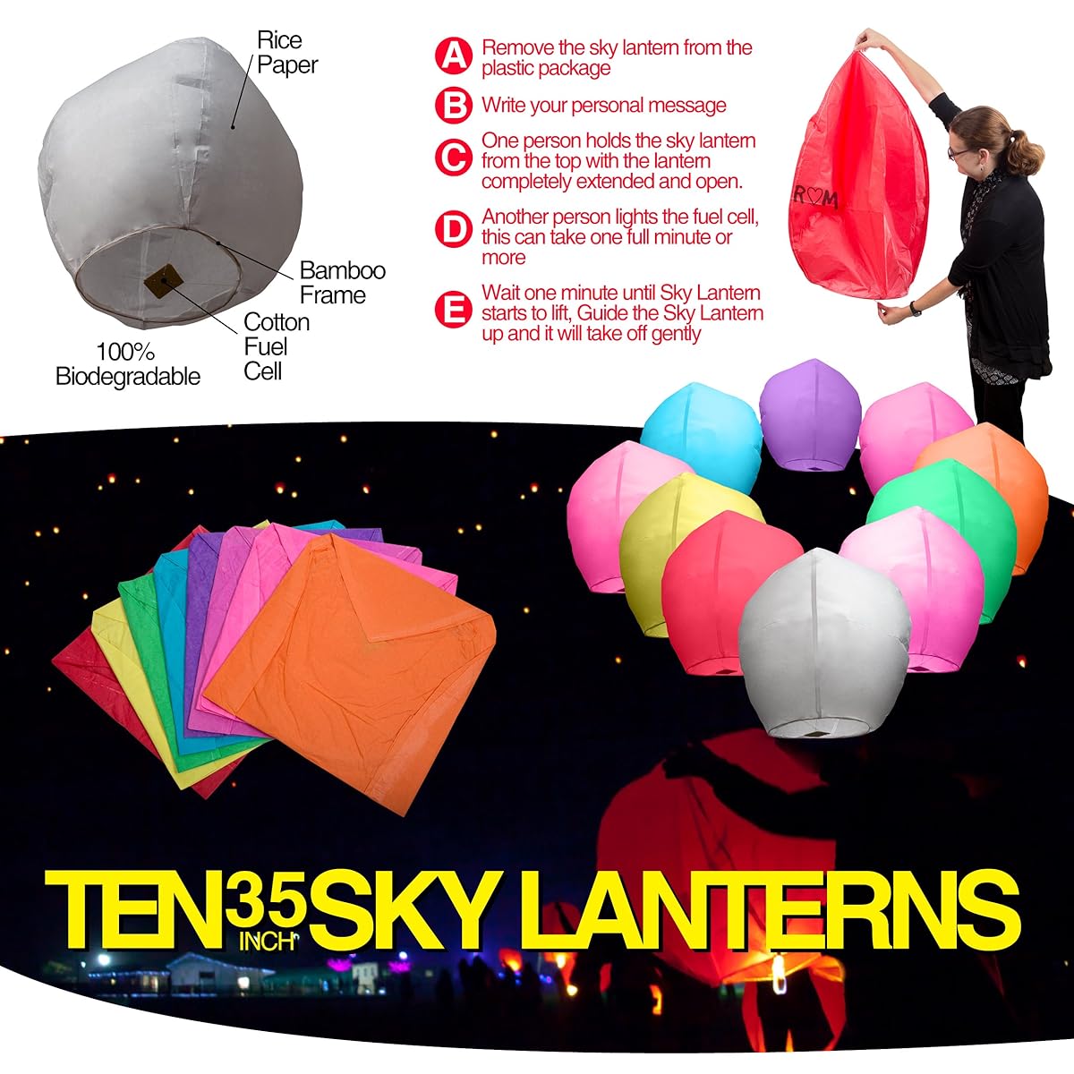 Chinese Paper Sky Lanterns (10) Colorful Mixed Pack Ready to Use and