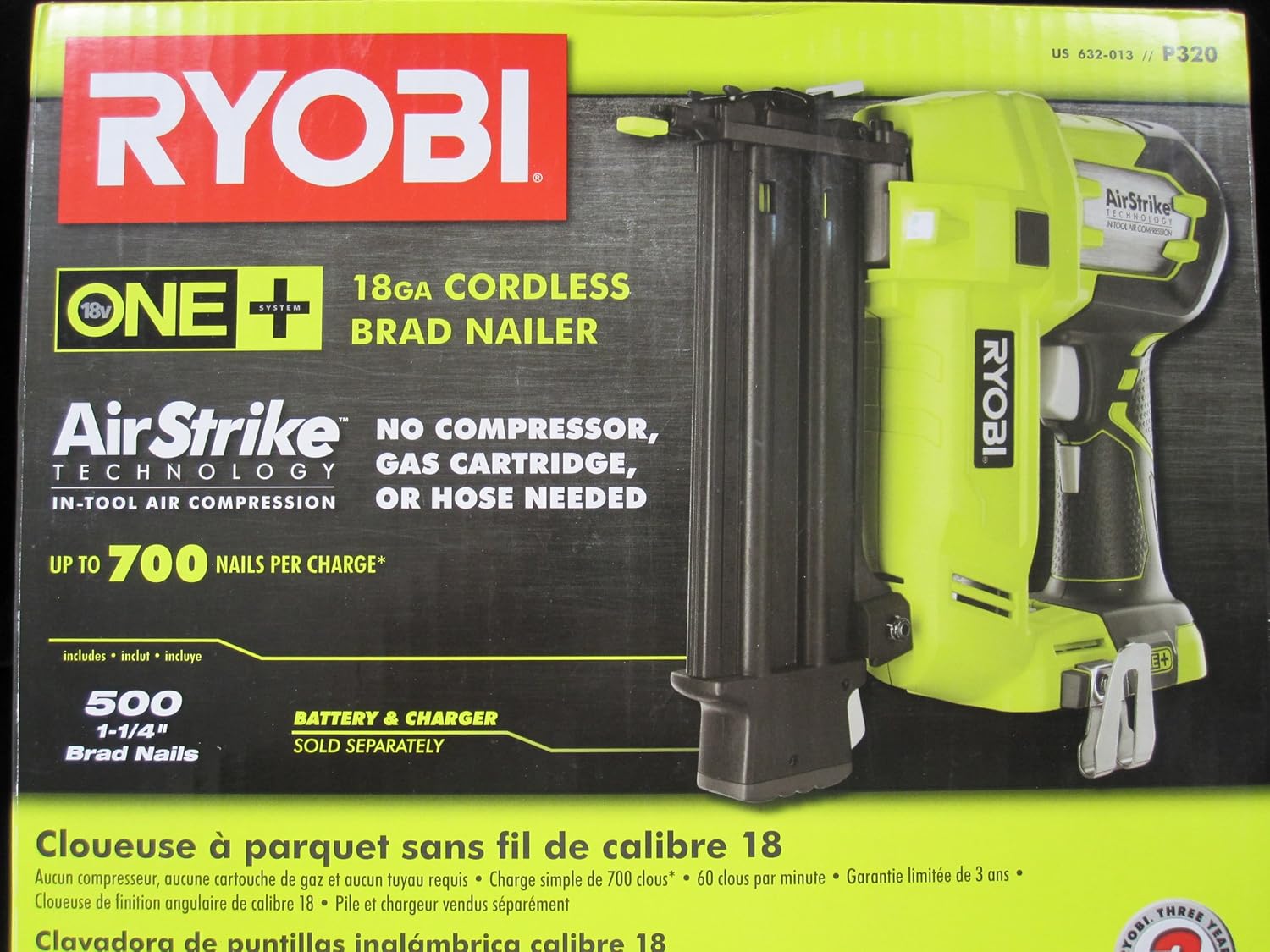 Ryobi P320 18Gauge ONE+ Cordless 2"Brad Nailer W/5001.25" Nails BULK
