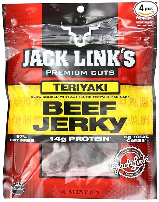 Jack Link's Beef Jerky, Teriyaki, 3.25-Ounce Bags (Pack of 4)