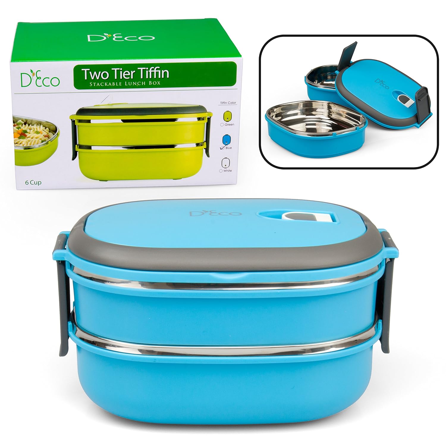 Stacking Lunch Box - Oval Two Tier Tiffin with Vacuum Seal Lid and Stainless Steel Interior