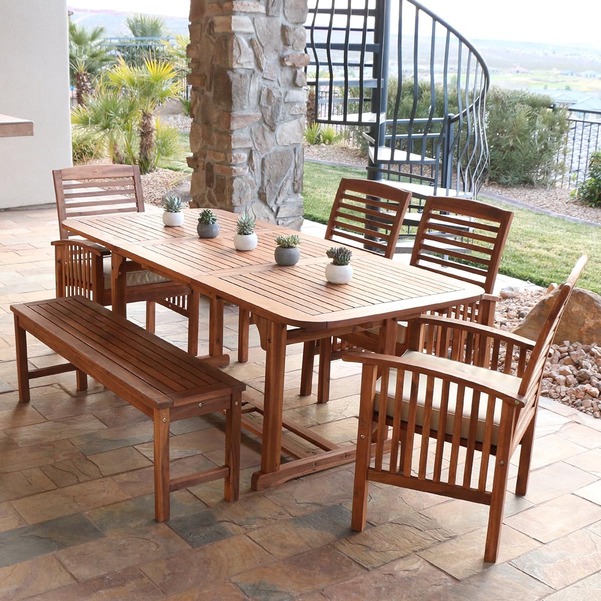 Dining acacia counter height gracewood allison hollow piece WE Furniture Solid Acacia Wood 6-Piece Patio Dining Set