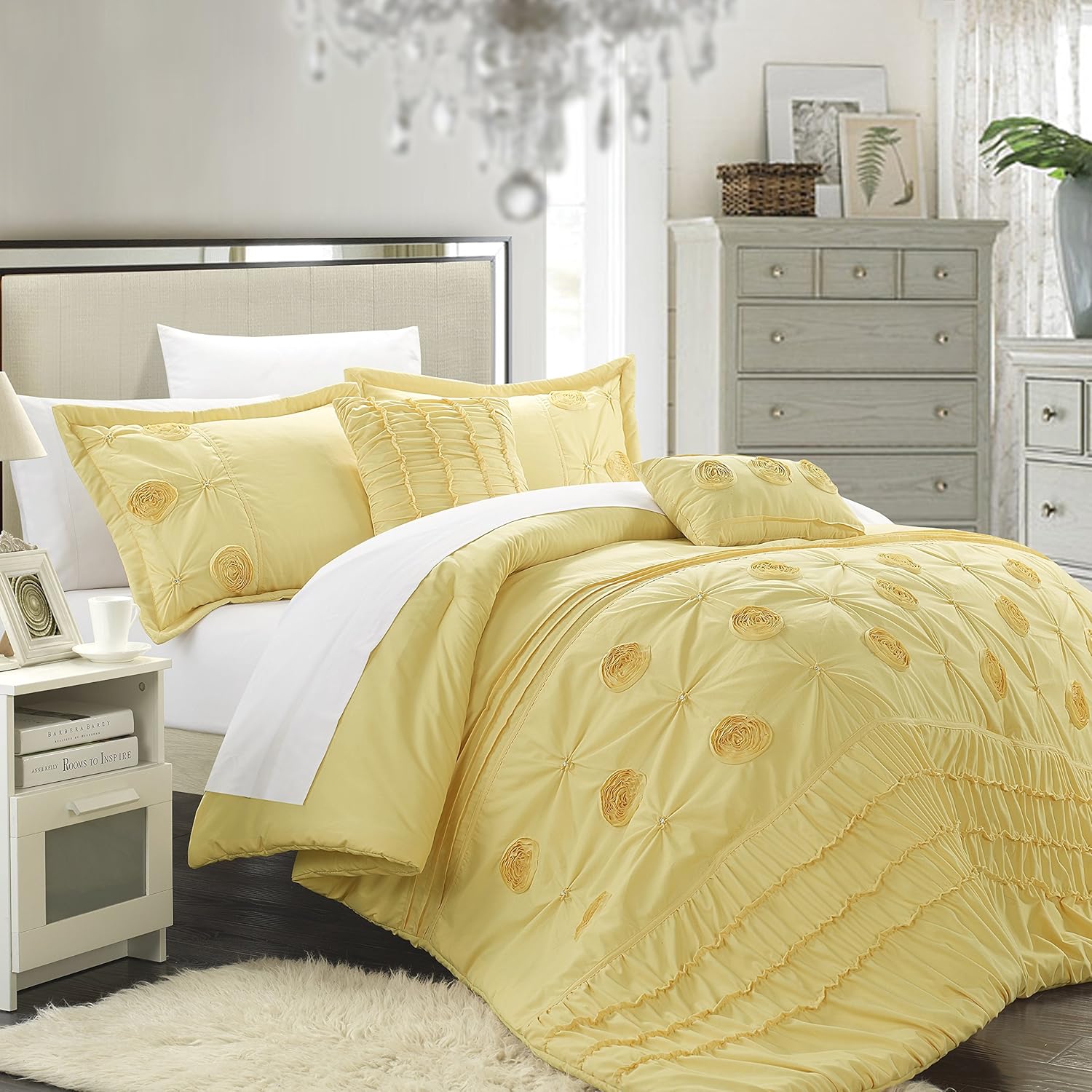 Chic Home 5-Piece Florentina Floral Pleated Comforter Set, King, Yellow