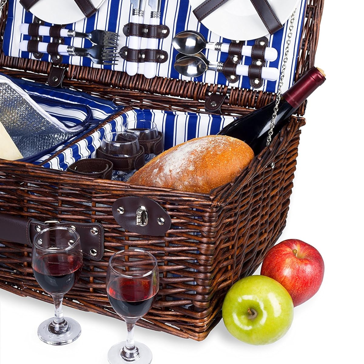 4 Person Wicker Picnic Basket Deluxe Woven Willow Vintage Hamper Set