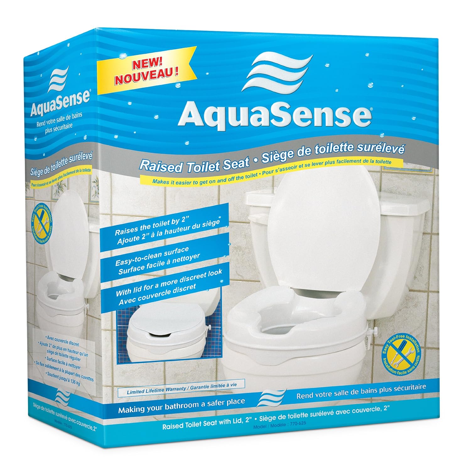 AquaSense Raised Toilet Seat with Lid, White, 2 Inches , New, Free
