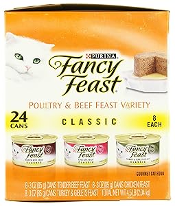 Fancy Feast Poultry & Beef Feast variety Pack,  3-Flavor Variety Pack (Beef, Chicken and Turkey & Giblets),   3 - Ounce Cans, 24 Count
