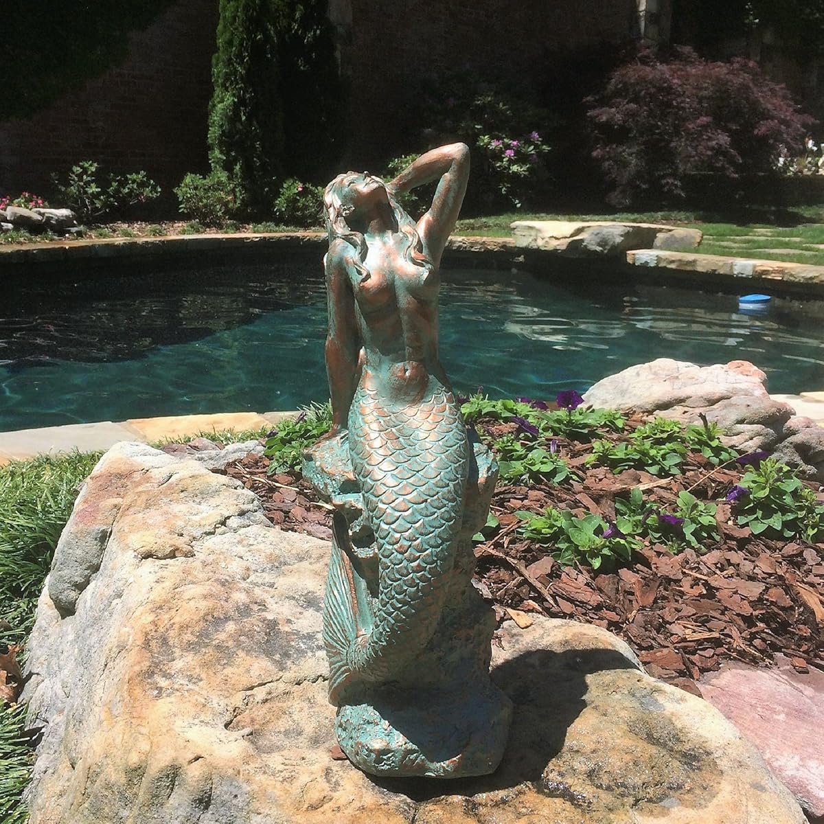 16 in. Sexy Mermaid Sitting on Nautical Rock Bronze Patina Finish Beach